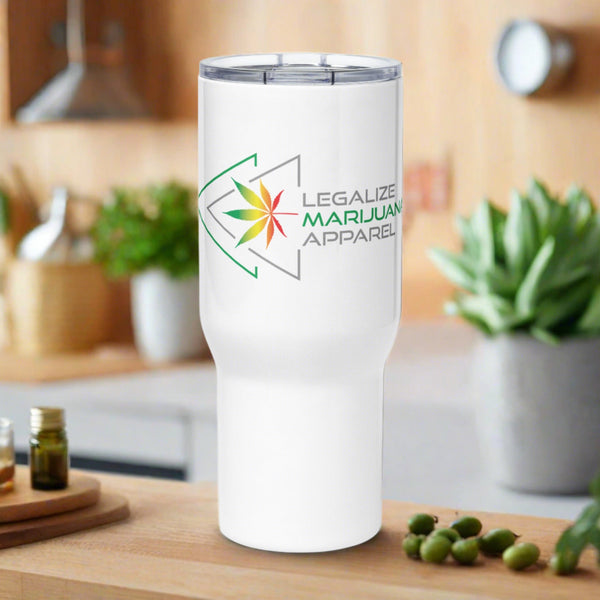 White 25-oz travel mug with a handle, shown from the front. The mug features a sleek design with a curved handle for easy grip, perfect for enjoying your favorite hot beverages on the go.